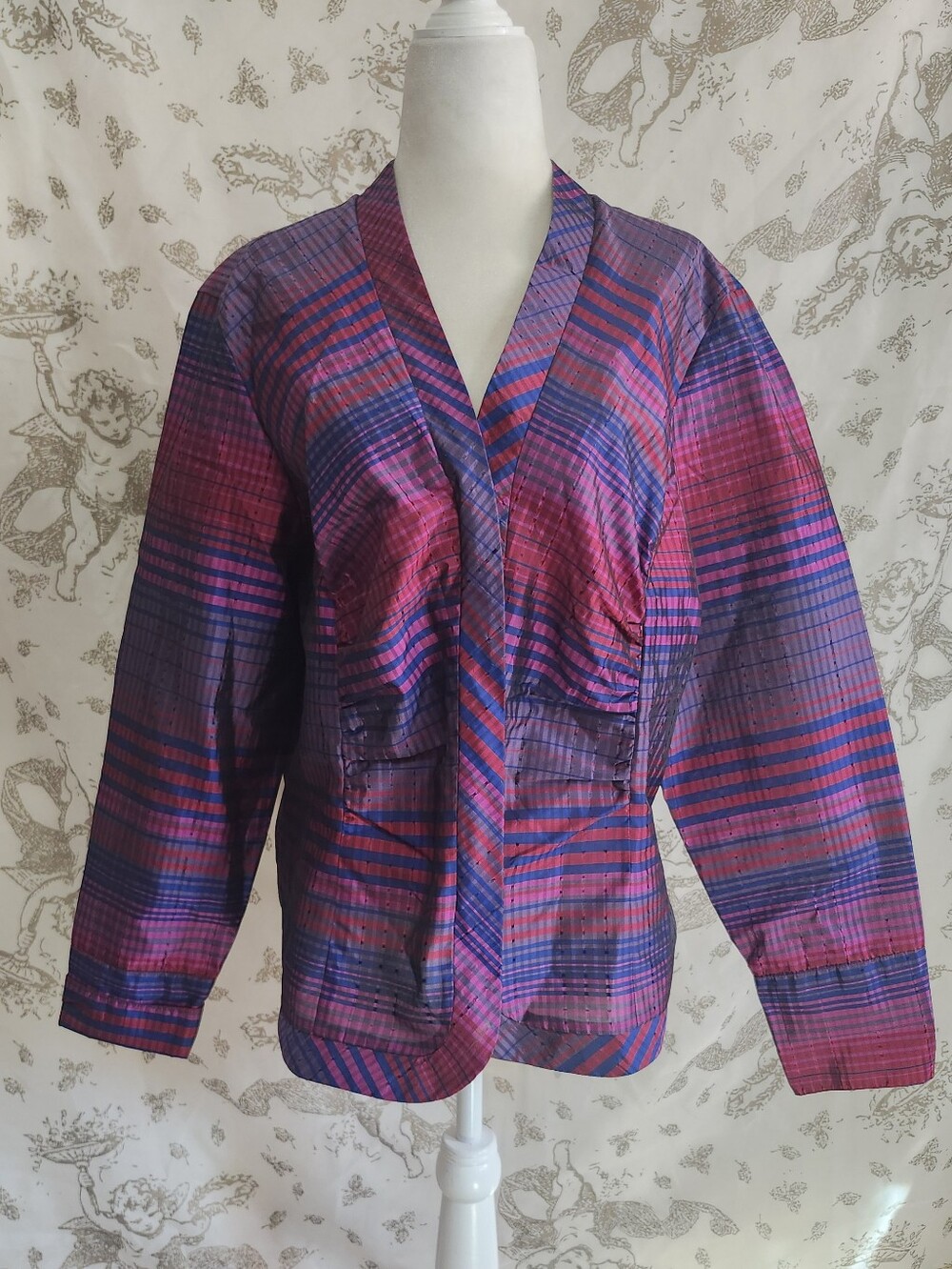 Coldwater Creek Silk Blend Plaid Taffeta Purple/Blue Full Zip Blazer Jacket L